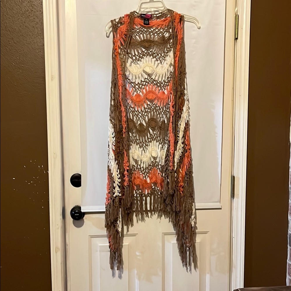 Bohemian Crochet Fringe Vest - Brown, Orange, and Cream